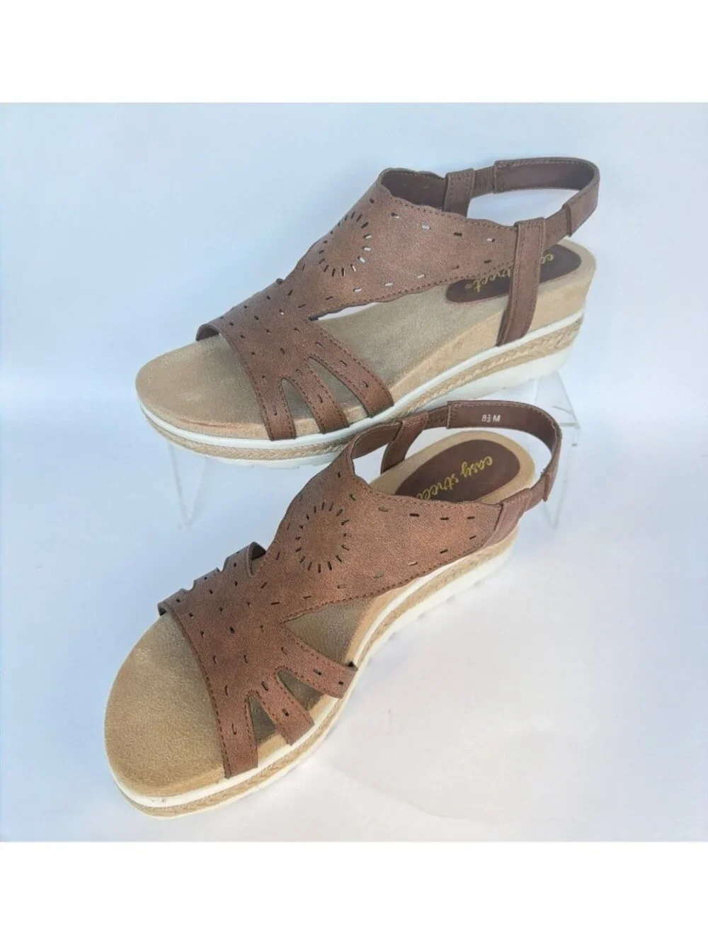 Easy Street Fran Wedge Sandals Tan Brown Pleather Shoes Size 8.5